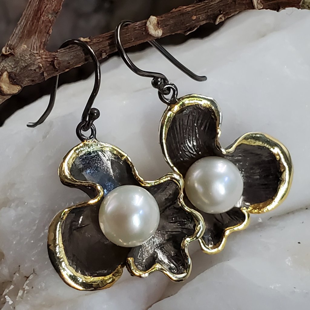 Solid Sterling Silver 925/18k Gold/Black Rhodium Large Freshwater Pearl